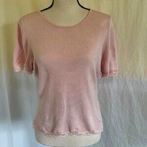 INC International Concepts Pink Short Sleeve Sweater Petite M with Lace Trim  *